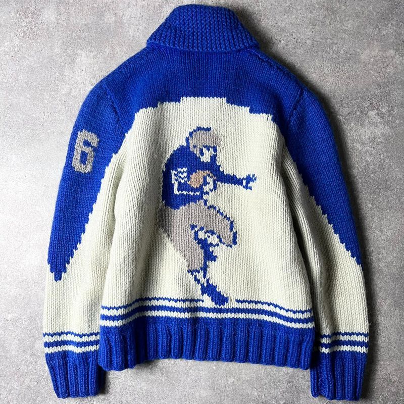 60s カウチン　ヴィンテージ セーター ニット カーディガン　フルジップ 60s フットボール 総柄 フルジップ ウール カウチン ニット セーター