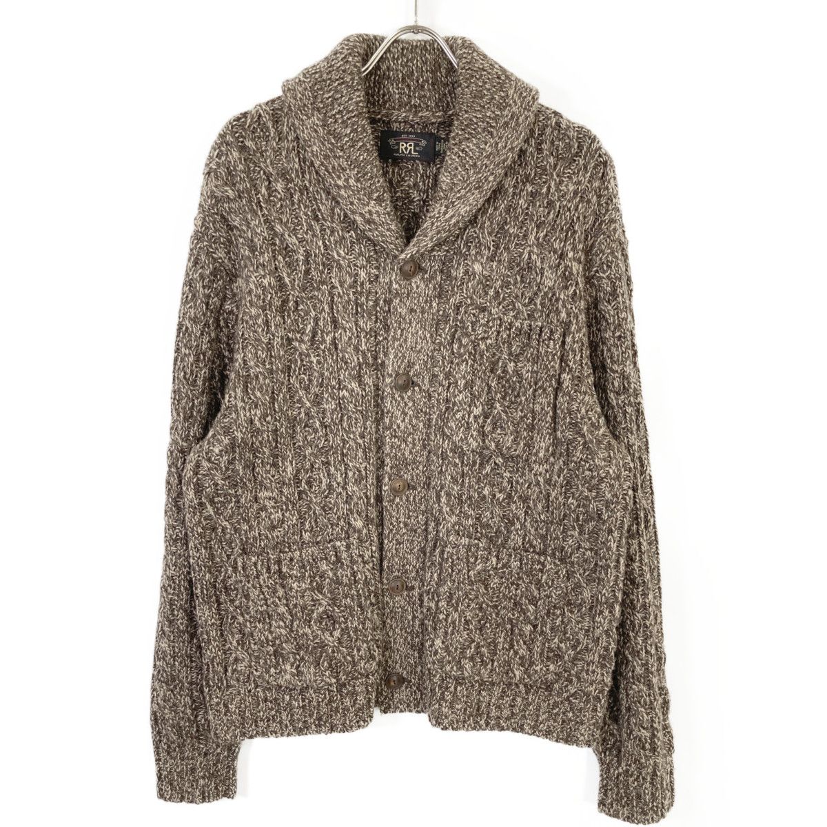 RRL ダブルアールエル ﾌﾞﾗｳﾝ ｳｰﾙ×ｺｯﾄﾝ×ﾘﾈﾝ ｼｮｰﾙｶﾗｰ ｹｰﾌﾞﾙﾆｯﾄｶｰﾃﾞｨｶﾞﾝ