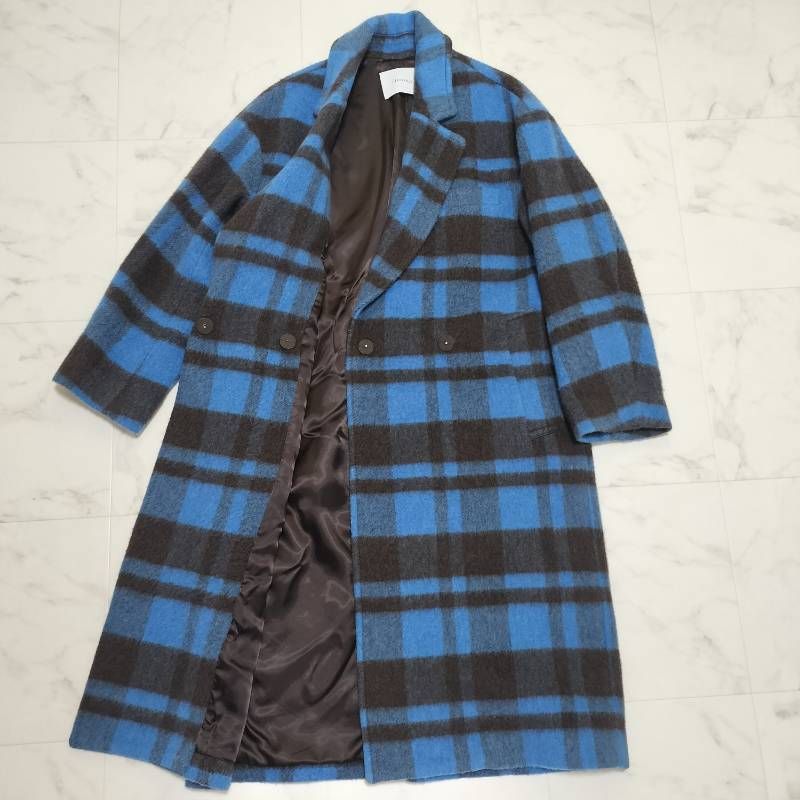 heliopole エリオポール チェック柄 シャギーコート ロング丈 青茶 38