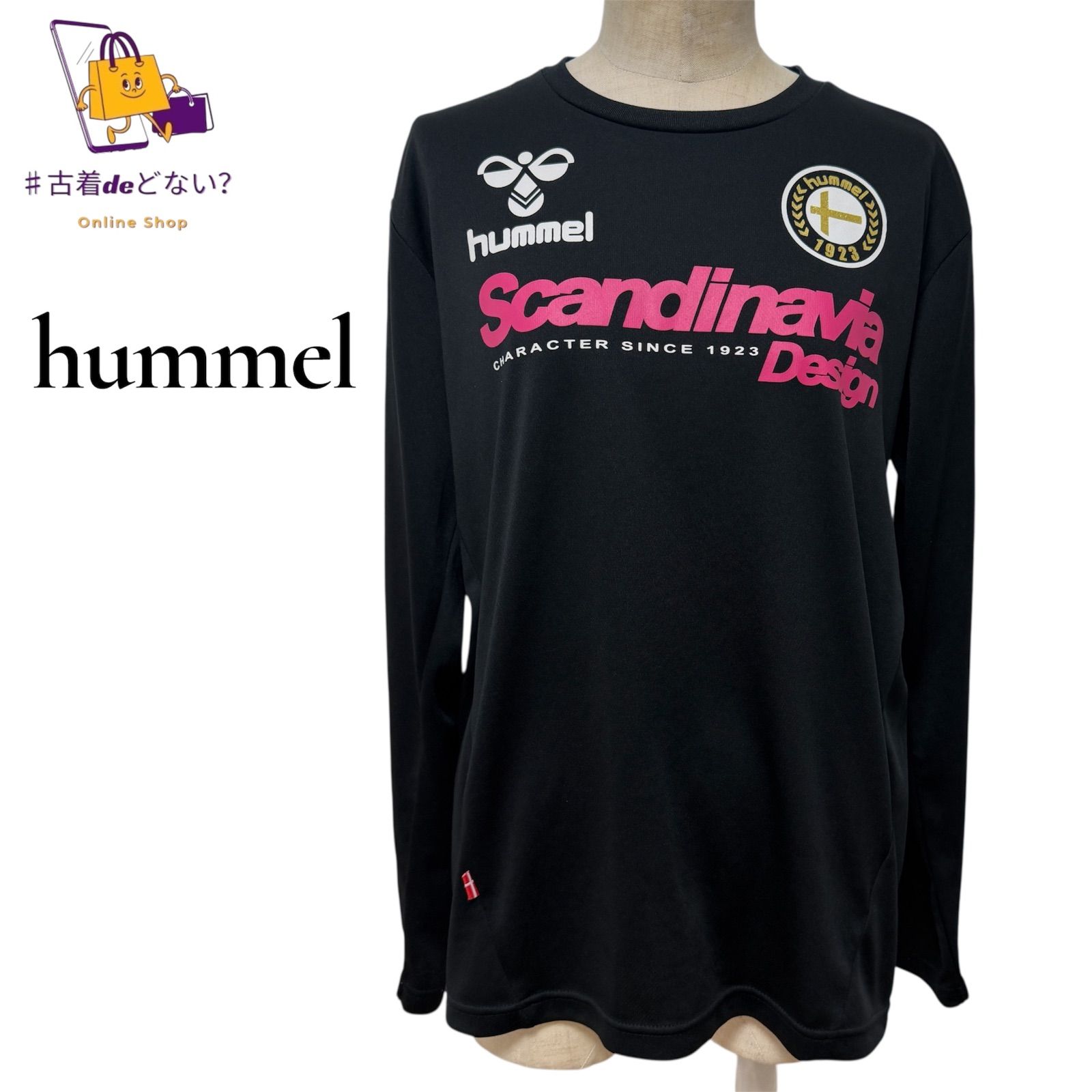 hummel ヒュンメル ロンT 長袖 Tシャツ M 黒 ピンク デカロゴ