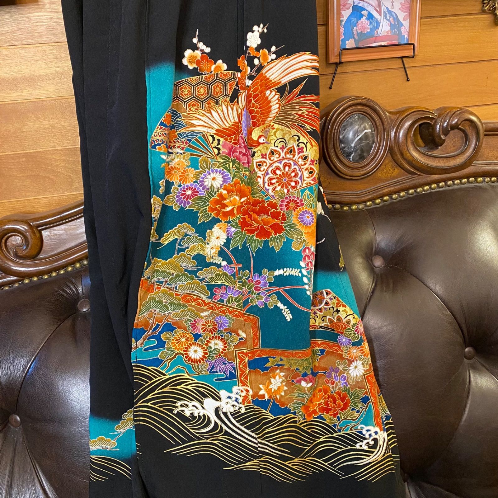 黒留袖 単衣 着物 リメイク ワンピース セミロング ドレス 和洋折衷 洗える 化繊 ハンドメイド レトロ 古着 鳳凰と波頭の吉祥文様 TKW-91 黒留袖 単衣 着物 リメイク ワンピース セミロング ドレス 和洋折衷