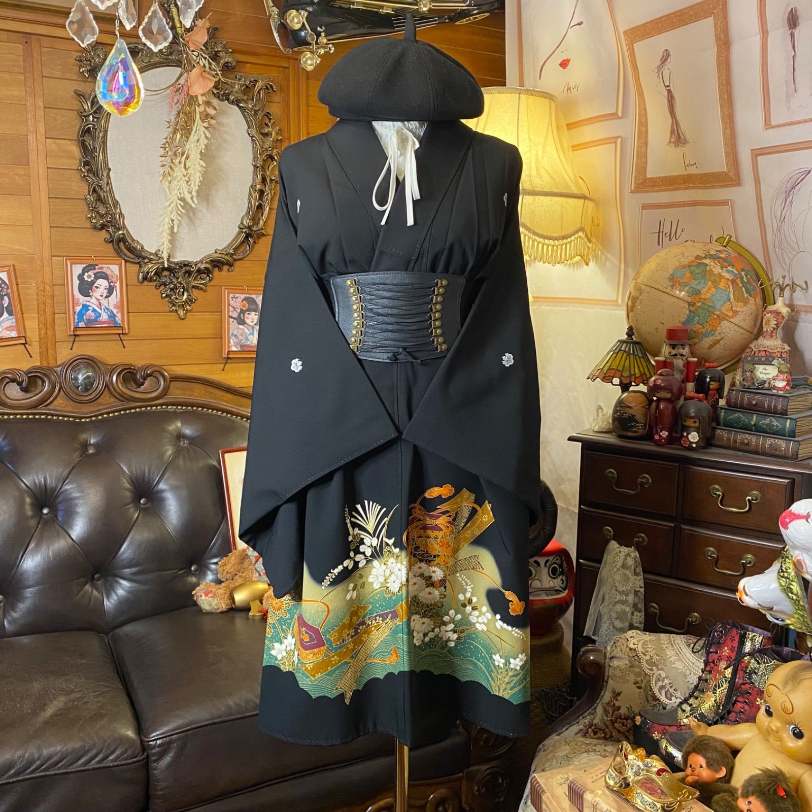 黒留袖 着物 リメイク ワンピース ドレス ミニミディ 和洋折衷 洗える 化繊 ハンドメイド レトロ 古着 雅なる色彩 TKW-93 黒留袖 着物 リメイク ワンピース ドレス ミニミディ 和洋折衷 洗える