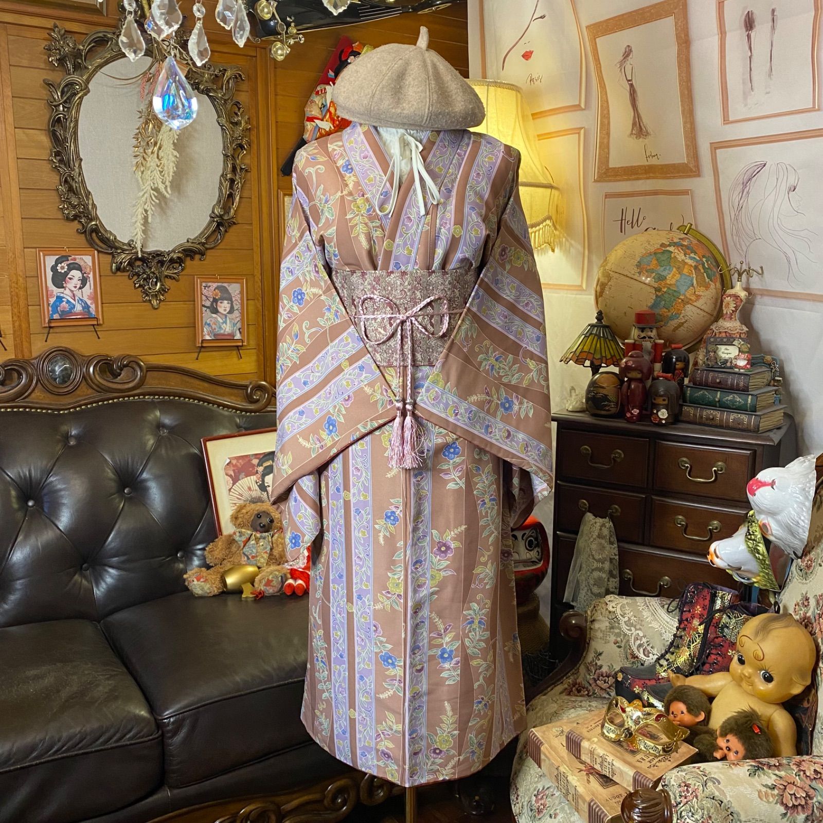 着物リメイク ワンピース ドレス セミロング 洗える 化繊 名古屋帯