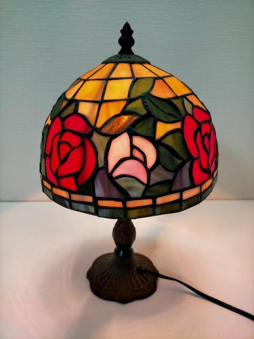 昭和レトロ・アンティーク デザイン ステンドグラスランプ 赤・ピンク