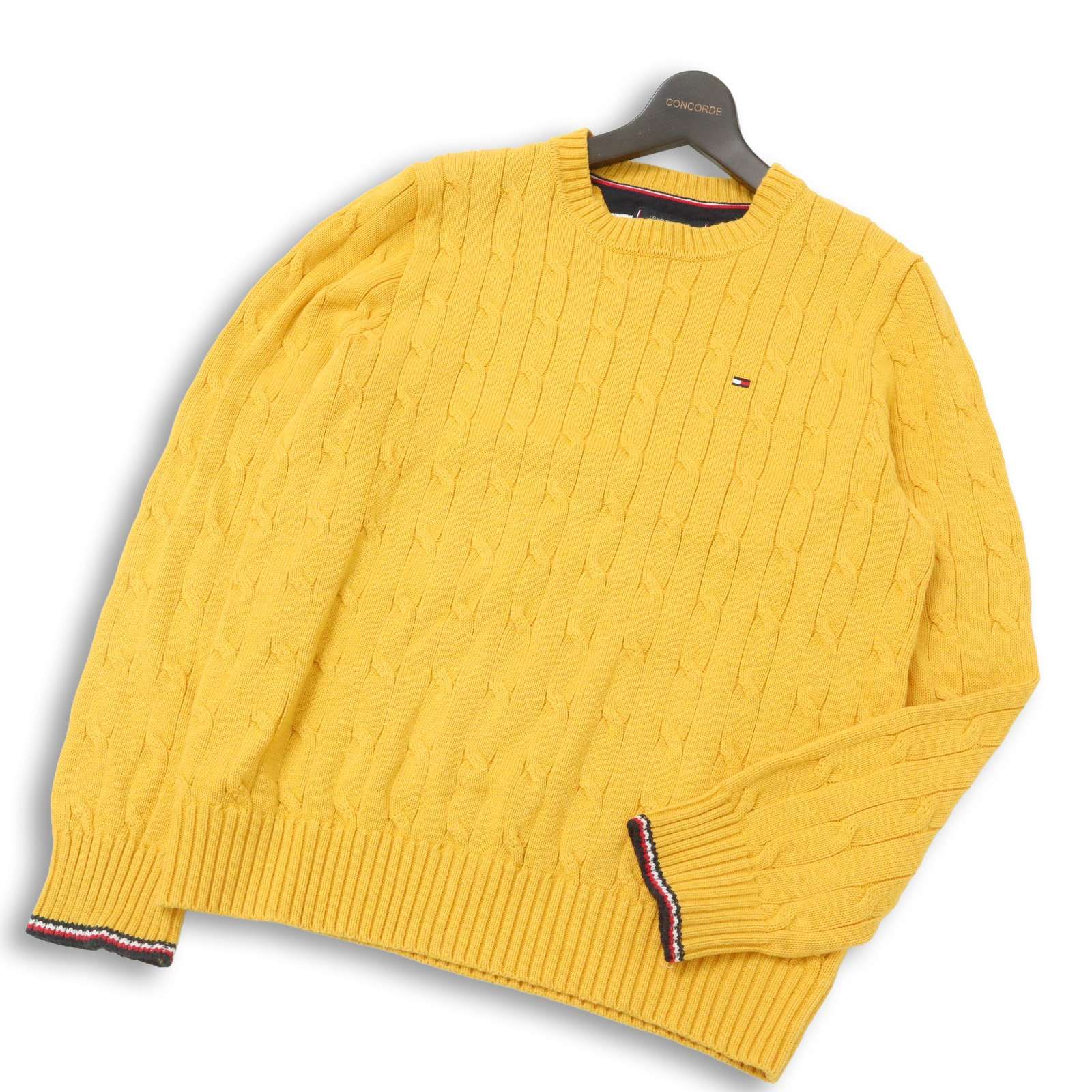 TOMMY HILFIGER トミーヒルフィガー 通年 ロゴ刺繍 ケーブル クルーネック コットン ニット セーター Sz.L メンズ 黄色