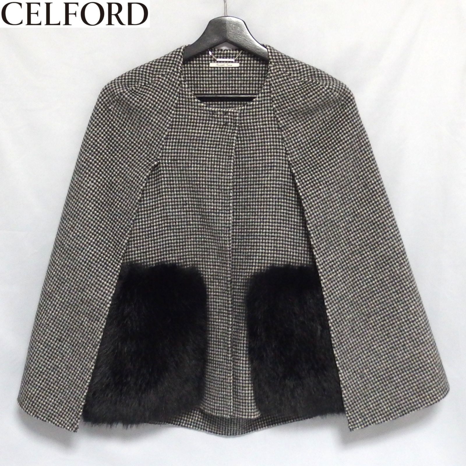 CELFORD ファーポケットケープジャケット 美品 美品☆CELFORD ファーポケット リバーケープジャケット 23AW 黒 セル