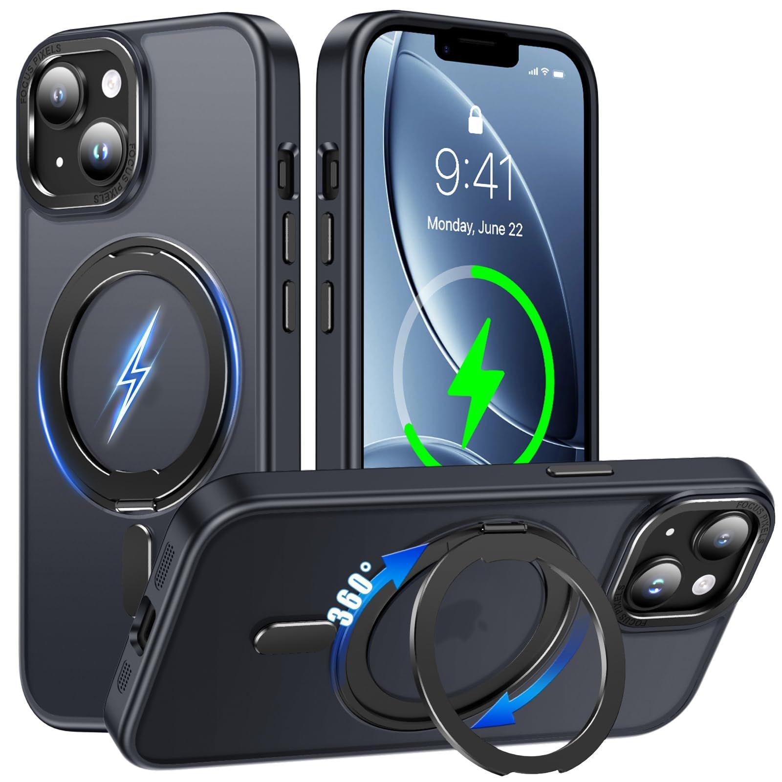 【在庫処分】対応 ストラップ穴付き 車載ホルダー ワイヤレス充電 半透明 携帯ケース アイホン15 スマホケース 指紋防止 Uovon 360回転スタンド 黄?防止 カバー アイフォン15 Magsafe対応 ・ ケー