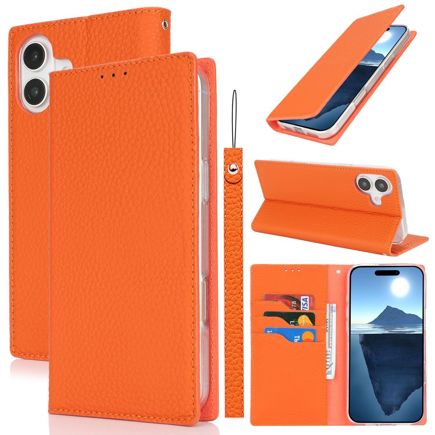 最新作，高品質 【人気商品】For iPhone16 For カバー For 手帳 手帳型 ケース 本革 本革 柔らかい ケース 16 本皮 16 スプラットホール付き iPhone スプラット同梱 iPhone 牛革 内蔵マグネット- アイフォン オレンジ East その他