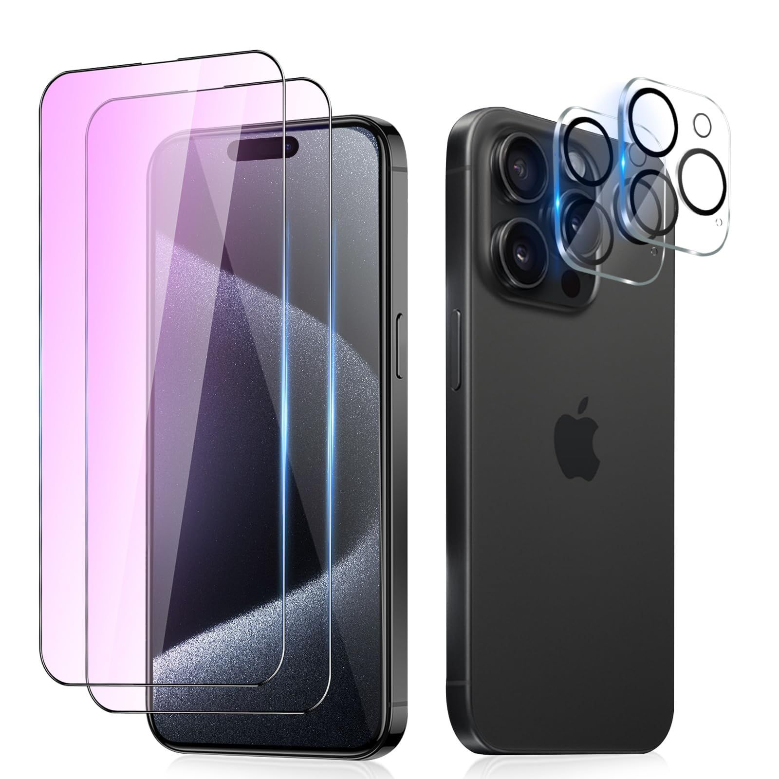  【人気商品】カメラフィルム (2枚) アイフォン15プロ (2枚) 強化ガラス 用 液晶 iPhone15Pro 保護フィルム + ブルーライト 用ガラスフィルム iphone15Pro 用 Pro 画面保護シート 15 15Pro iPhone 用 【ブルー その他