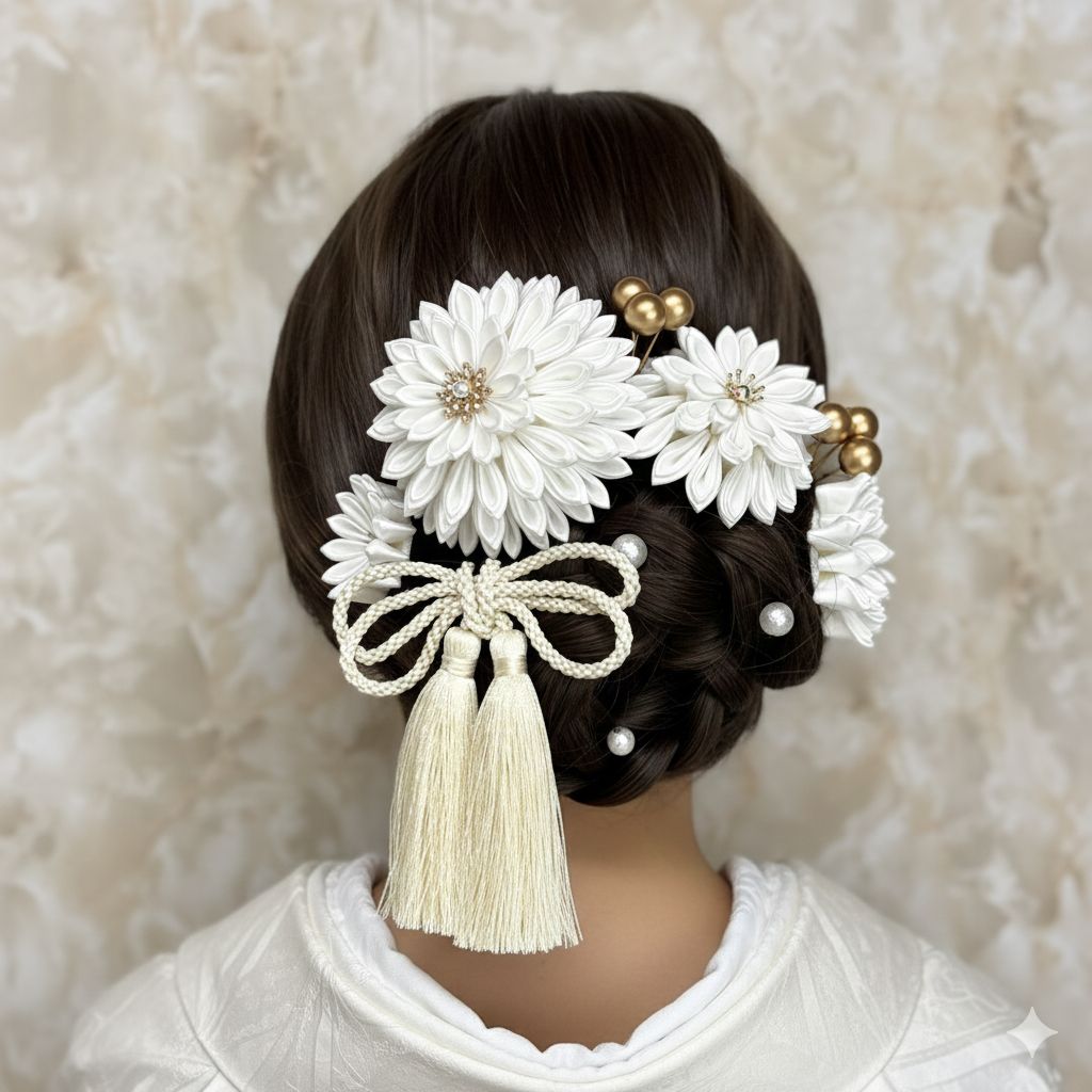 【即納】白無垢の花嫁さまに♡/ウエディング ヘッドドレス ヘッドパーツ 結婚式 和装婚 サテンつまみ細工 ホワイト 白
