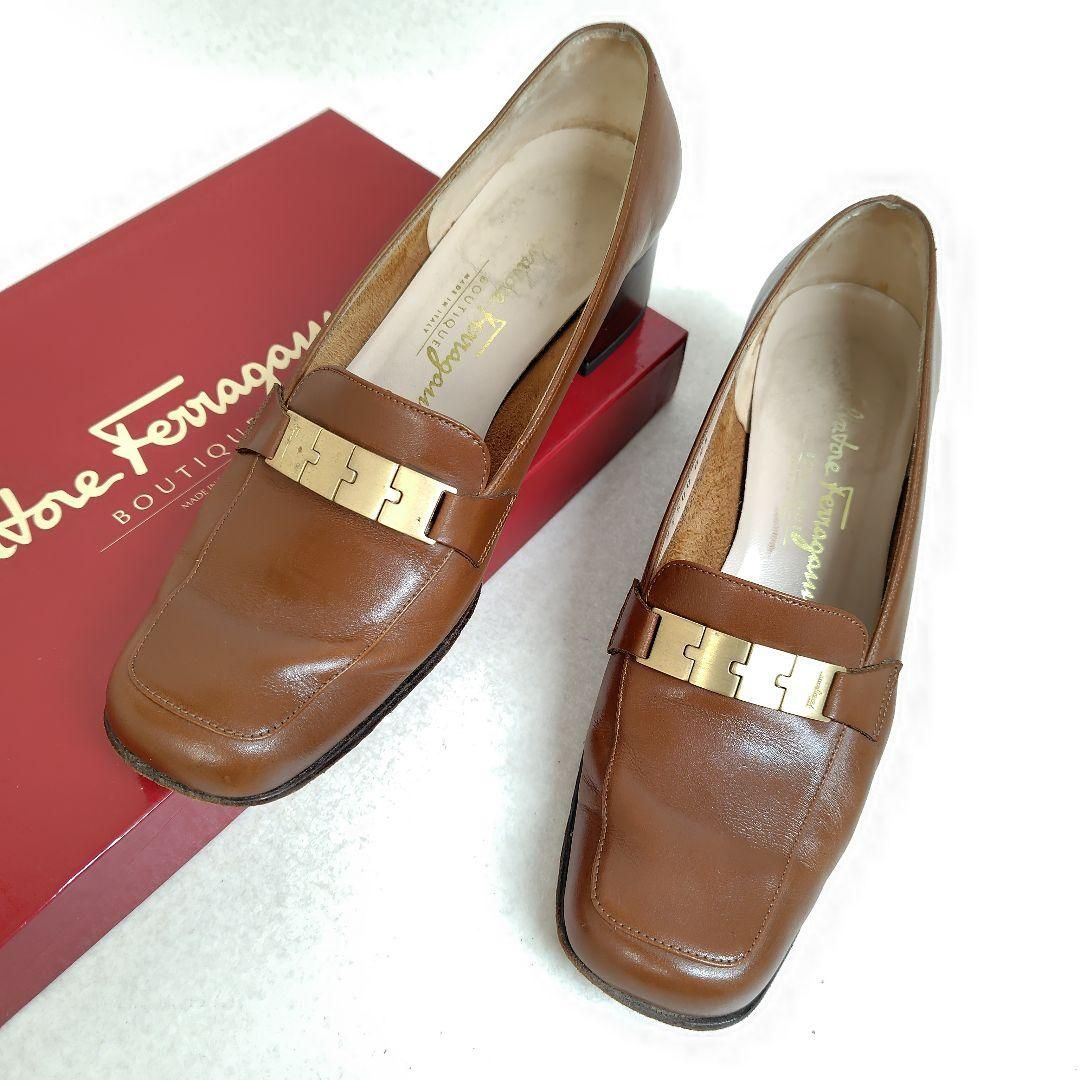 美品 フェラガモ ローファー 5.5D プレート スクエア チャンキー 22.5