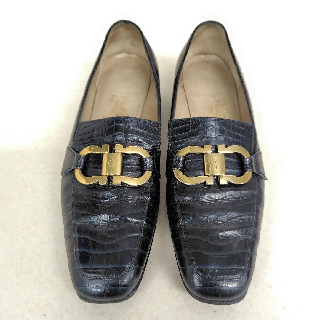 イタリア製 フェラガモ クロコダイル 型押し ゴールド金具 ローファー 5C イタリア製 フェラガモ クロコダイル 型押し ゴールド金具 ローファー