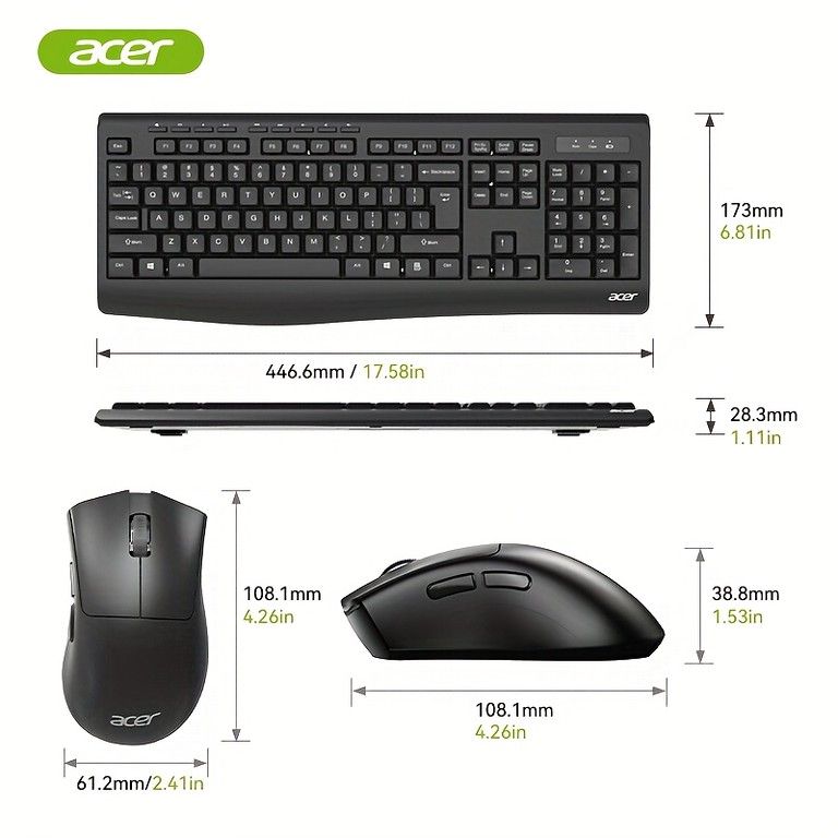 【静音設計＆人間工学】ワイヤレスキーボード マウスセット エイサー 2.4GHz 無線 フルサイズ 113キー USB接続 PC/ノートPC対応 オフィス/在宅ワークに