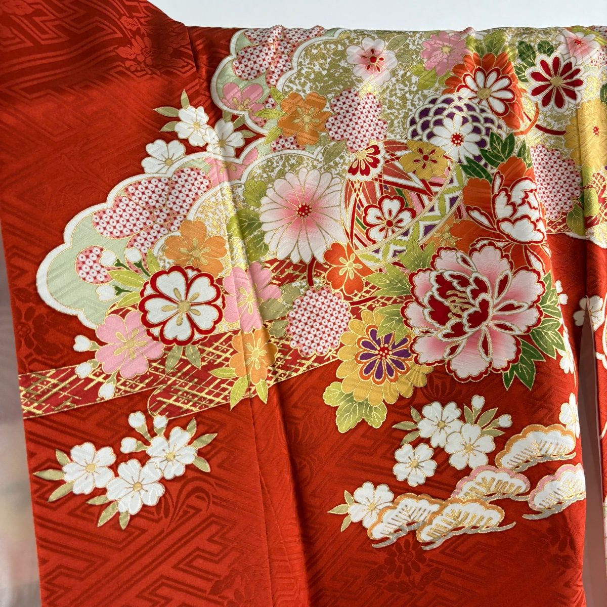 美品】 振袖 身丈163.5cm 裄丈68cm L 袷 袋帯フルセット 貝桶 草花