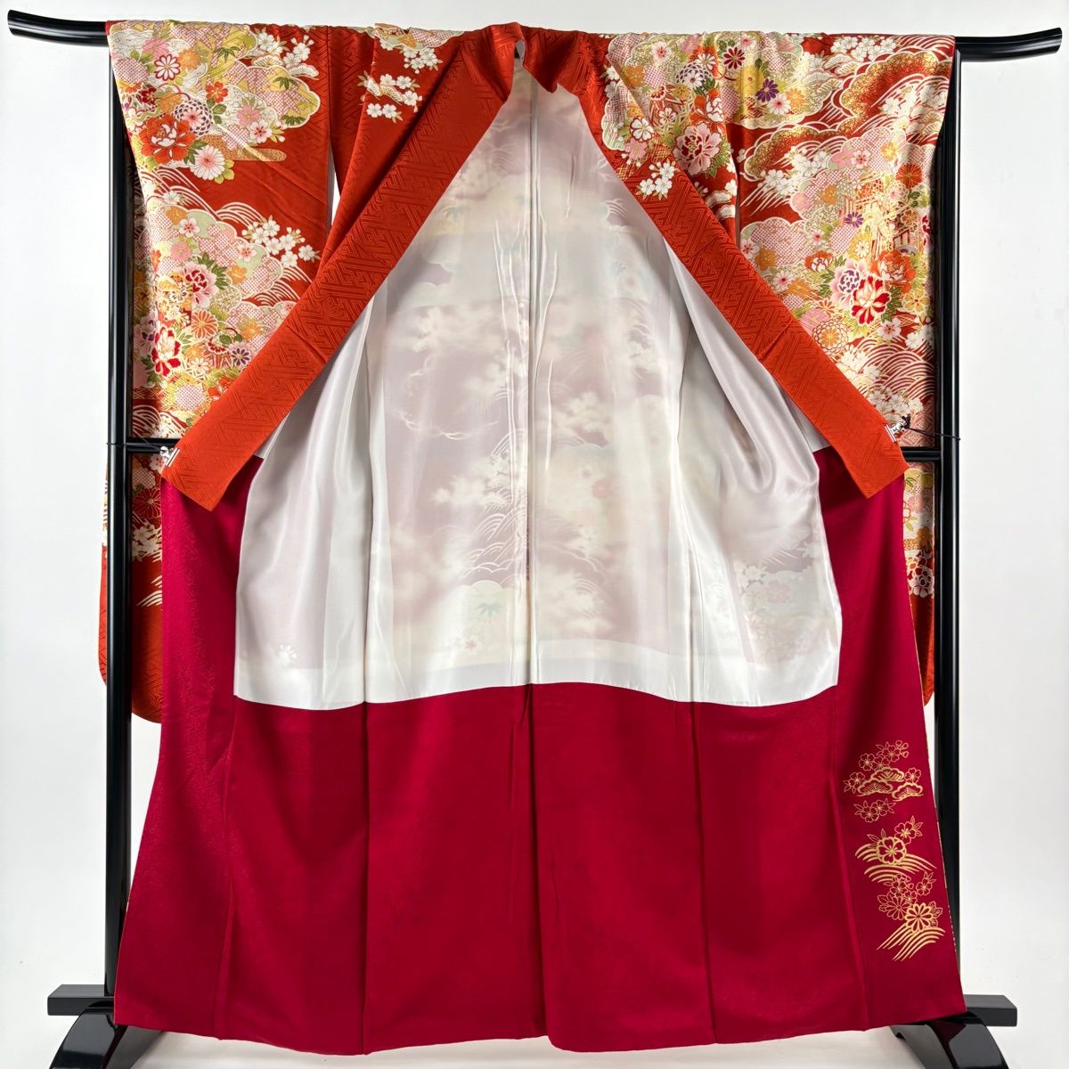 美品】 振袖 身丈163.5cm 裄丈68cm L 袷 袋帯フルセット 貝桶 草花