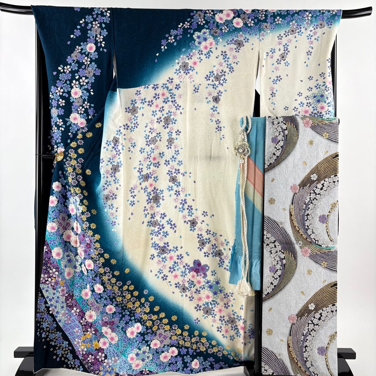 美品】 振袖 身丈166cm 裄丈70.5cm L 袷 袋帯フルセット 桜 菱 金彩 箔 