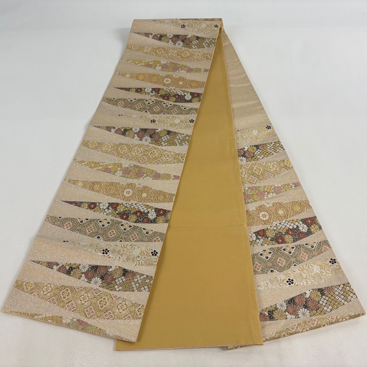美品】 袋帯 名品 七宝花菱 金糸 箔 灰色 六通 正絹 【】 【公式通販】