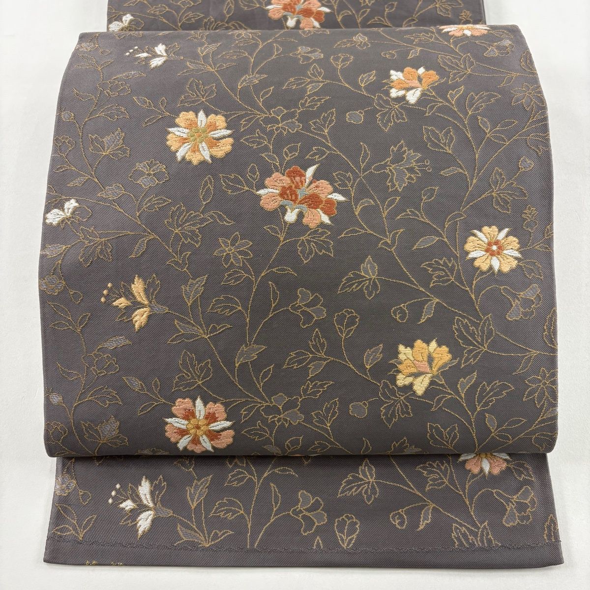 美品】 袋帯 秀品 関西仕立て 草花 箔 刺繍 灰紫 六通 正絹 