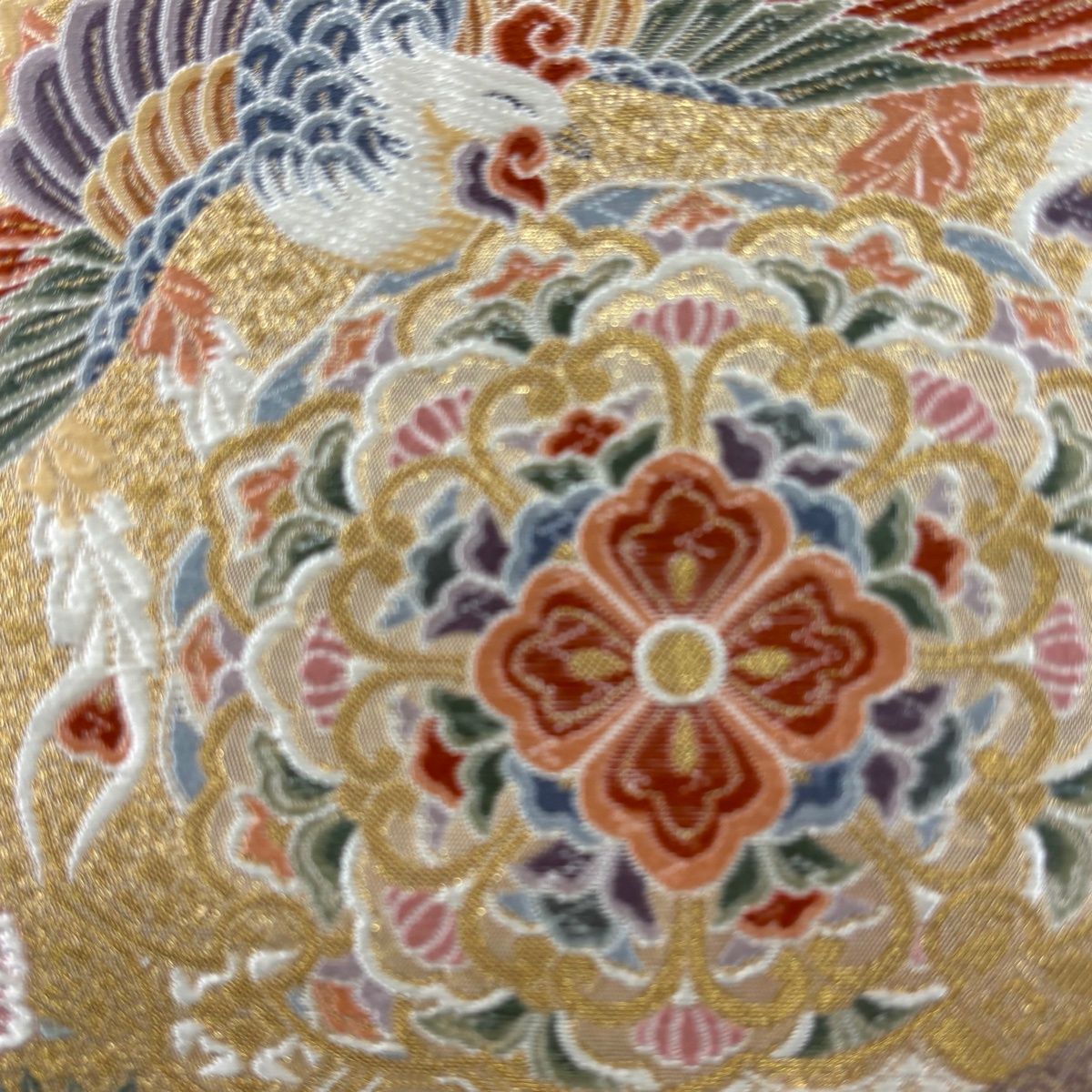 美品】 袋帯 秀品 関西仕立て 華文 鴛鴦 金糸 箔 金色 六通 正絹