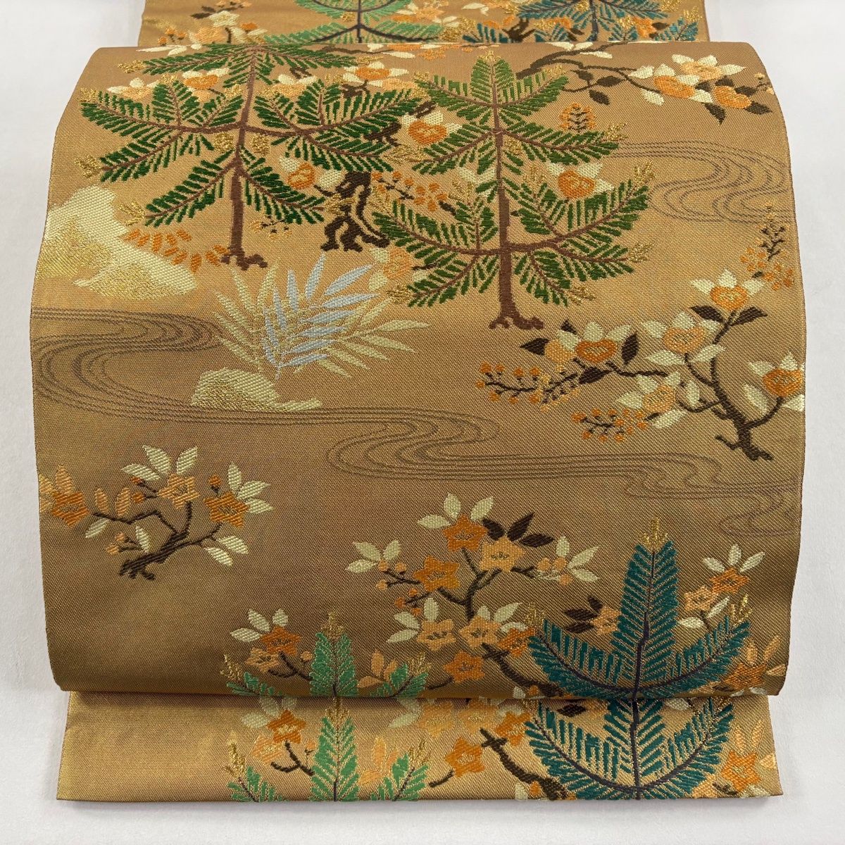 袋帯 秀品 川島織物 落款 松 橘 箔 金糸 金色 六通 正絹 【中古