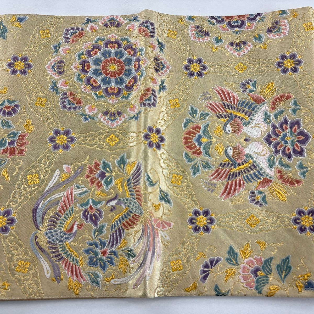 美品】 袋帯 秀品 宝相花鳥華文 箔 金糸 ベージュ 六通 正絹 【中古