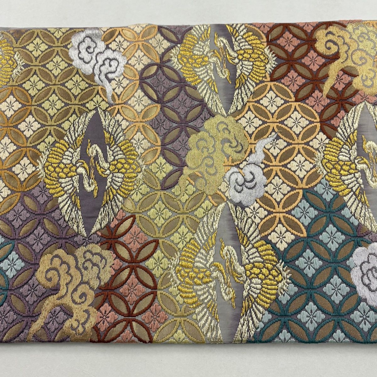 袋帯 美品 名品 純金箔 椿 鳥 唐織 金糸 クリーム 六通 正絹 【中古】 ☆