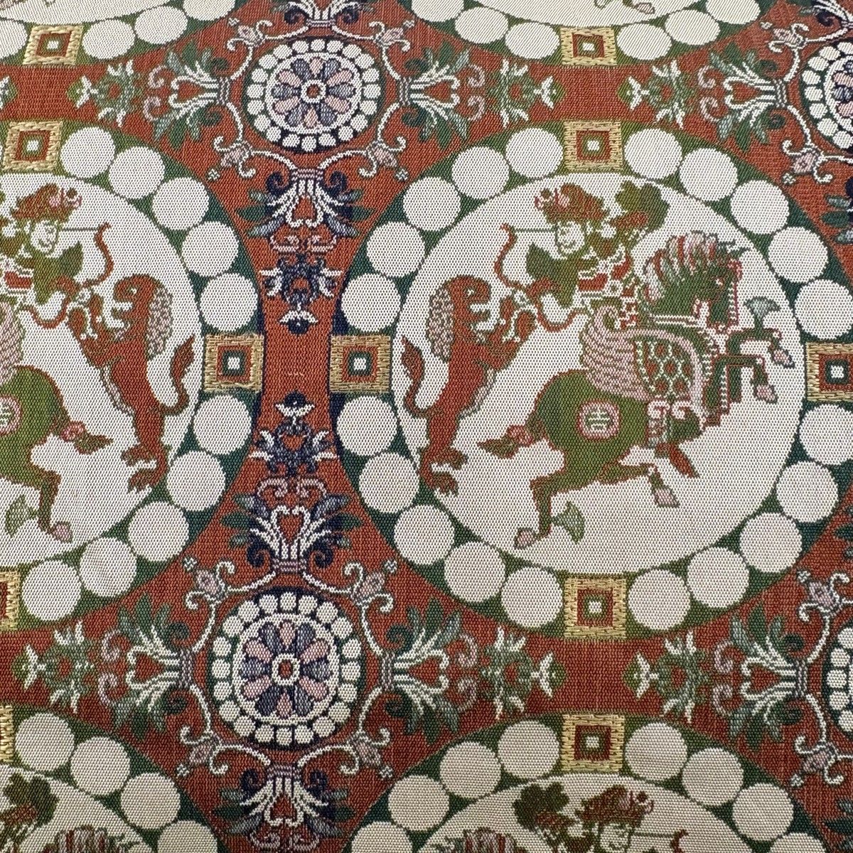 美品】 開き名古屋帯 名品 龍村美術織物 連珠狩猟文 赤茶 正絹 【中古