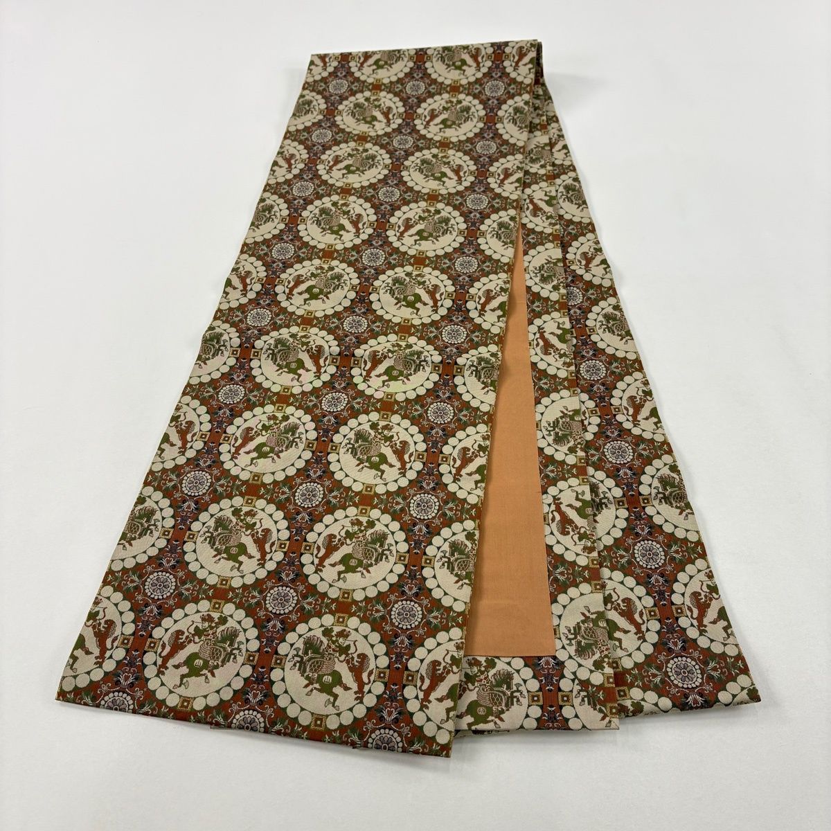 美品】 開き名古屋帯 名品 龍村美術織物 連珠狩猟文 赤茶 正絹 【中古