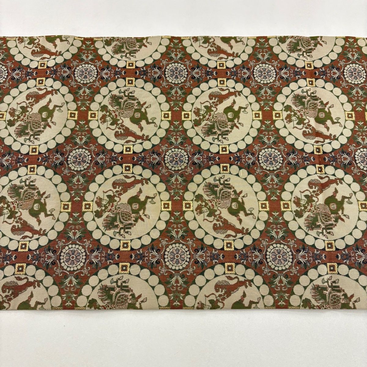 美品】 開き名古屋帯 名品 龍村美術織物 連珠狩猟文 赤茶 正絹 【中古