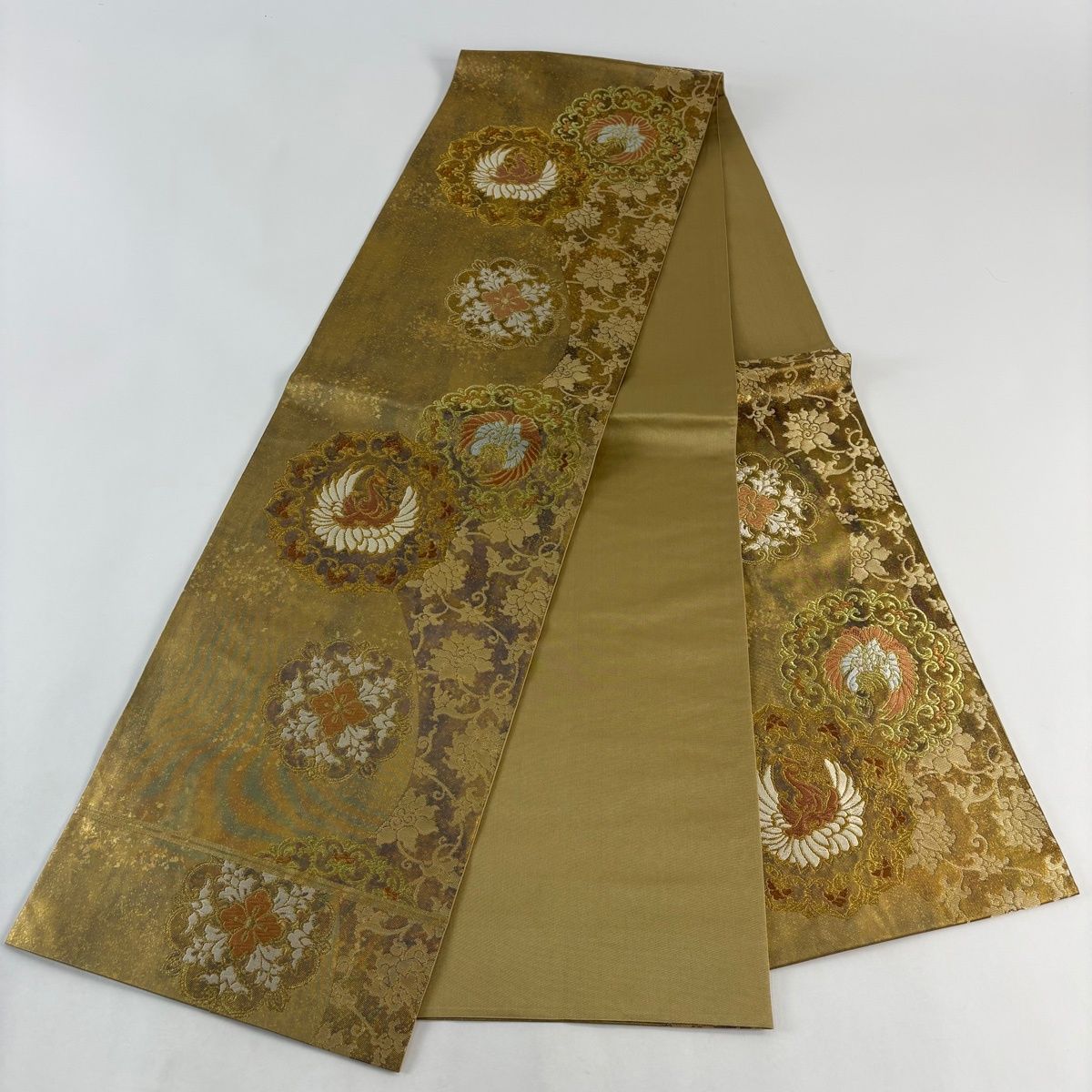 美品❤川島織物◾六通袋帯◾金糸　　「鳳凰　鏡文様」 袋帯 名品 川島織物 落款 華文 鳳凰 金糸 箔 金色 六通 正絹 【中古