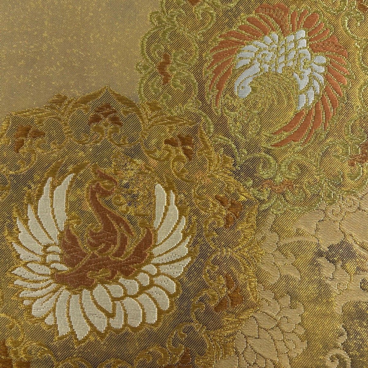 美品❤川島織物◾六通袋帯◾金糸　　「鳳凰　鏡文様」 袋帯 名品 川島織物 落款 華文 鳳凰 金糸 箔 金色 六通 正絹 【中古