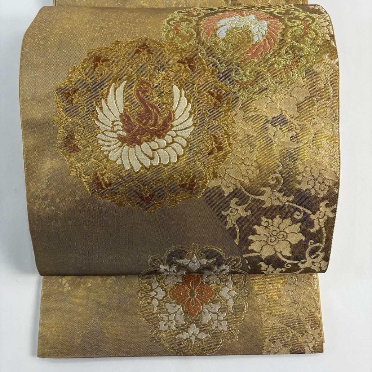 袋帯 名品 川島織物 落款 華文 鳳凰 金糸 箔 金色 六通 正絹 【中古