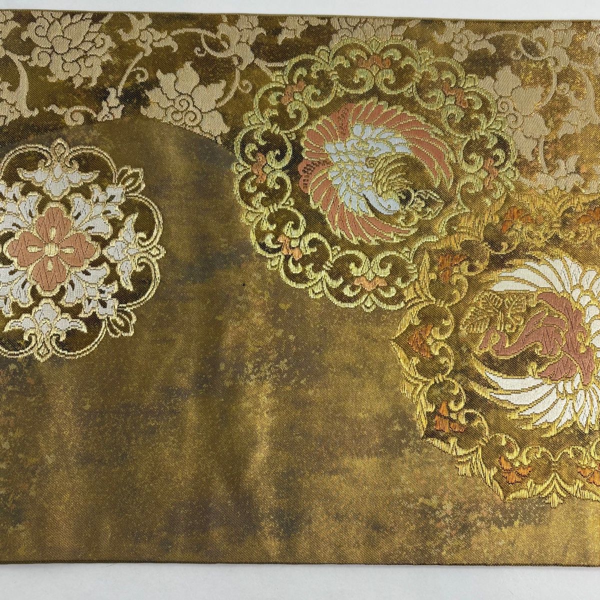 袋帯 名品 川島織物 落款 華文 鳳凰 金糸 箔 金色 六通 正絹 【中古