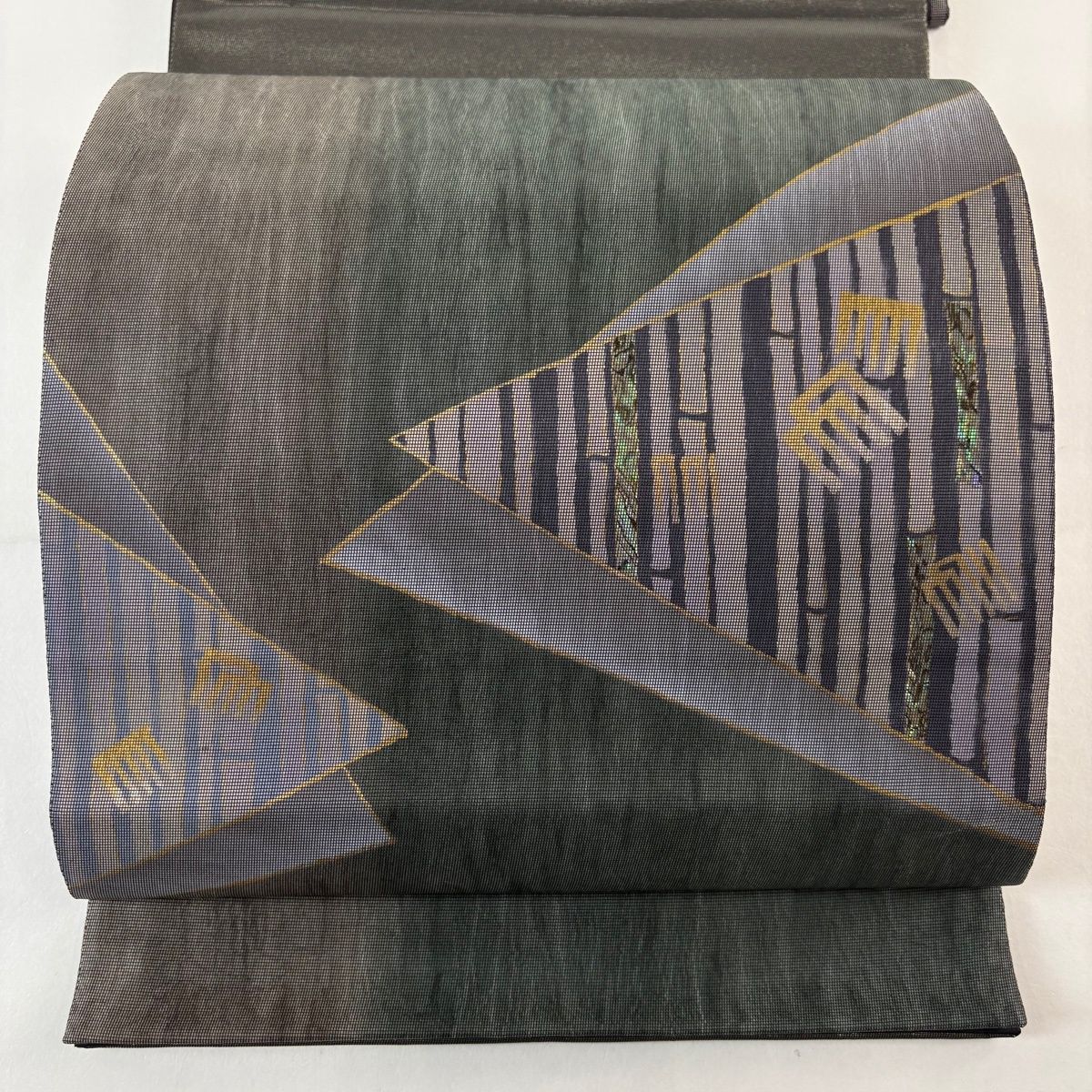 美品】 袋帯 名品 源氏香 竹縞 金彩 螺鈿 灰緑 お太鼓柄 正絹 【中古