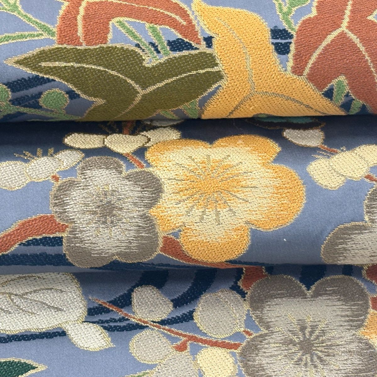 袋帯 逸品 白綾苑大庭 落款 舟 草花 箔 青灰色 六通 正絹 【中古