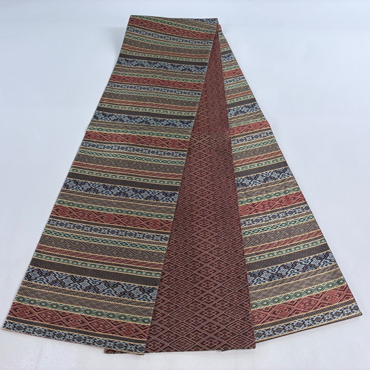 新品未使用品　小森草木染工房　全通博多織　袋帯　証紙付き　スコッチ加工 美品】 袋帯 逸品 落款 証紙 小森草木染工房 博多織 佐賀錦 段縞 菱 箔