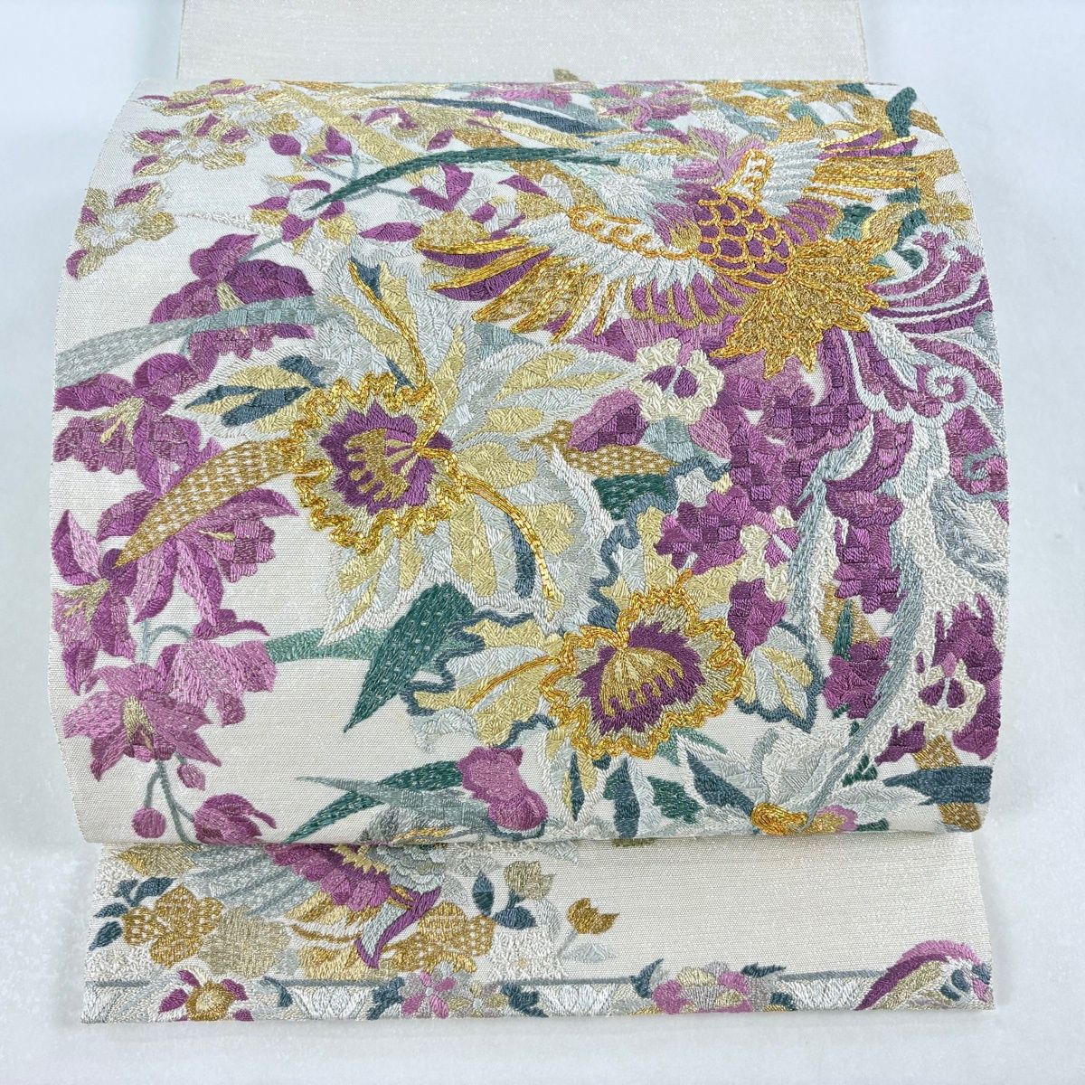 袋帯 逸品 じゅらく 落款 帝王紫 鳳凰 草花 刺繍 金銀糸 クリーム