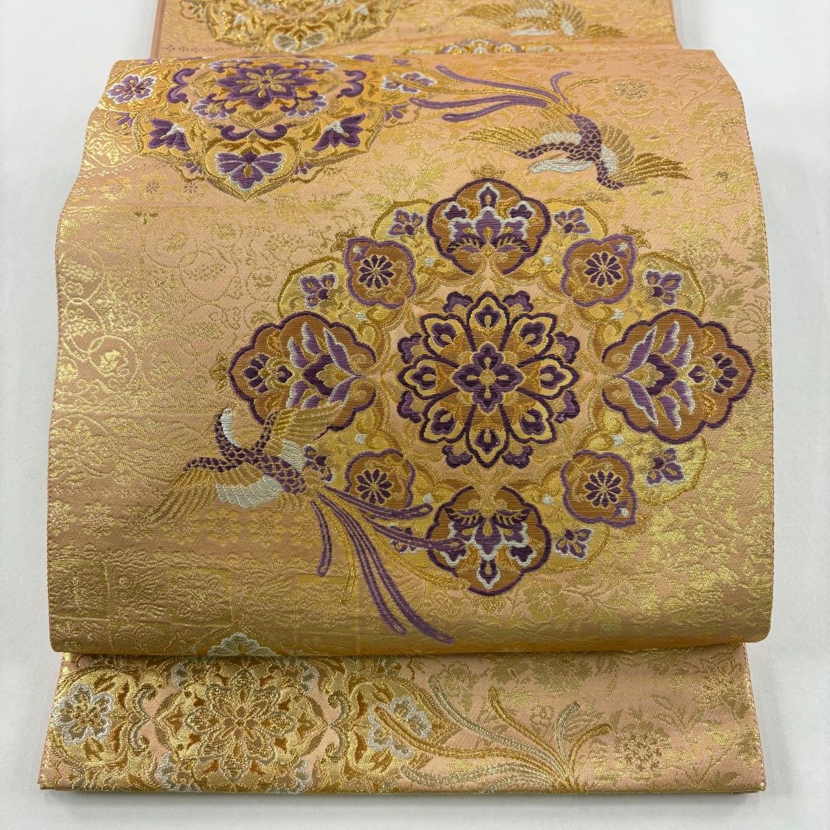 美品】 袋帯 名品 じゅらく 落款 じゅらく帝王紫 華文 鳳凰 金糸 箔 薄