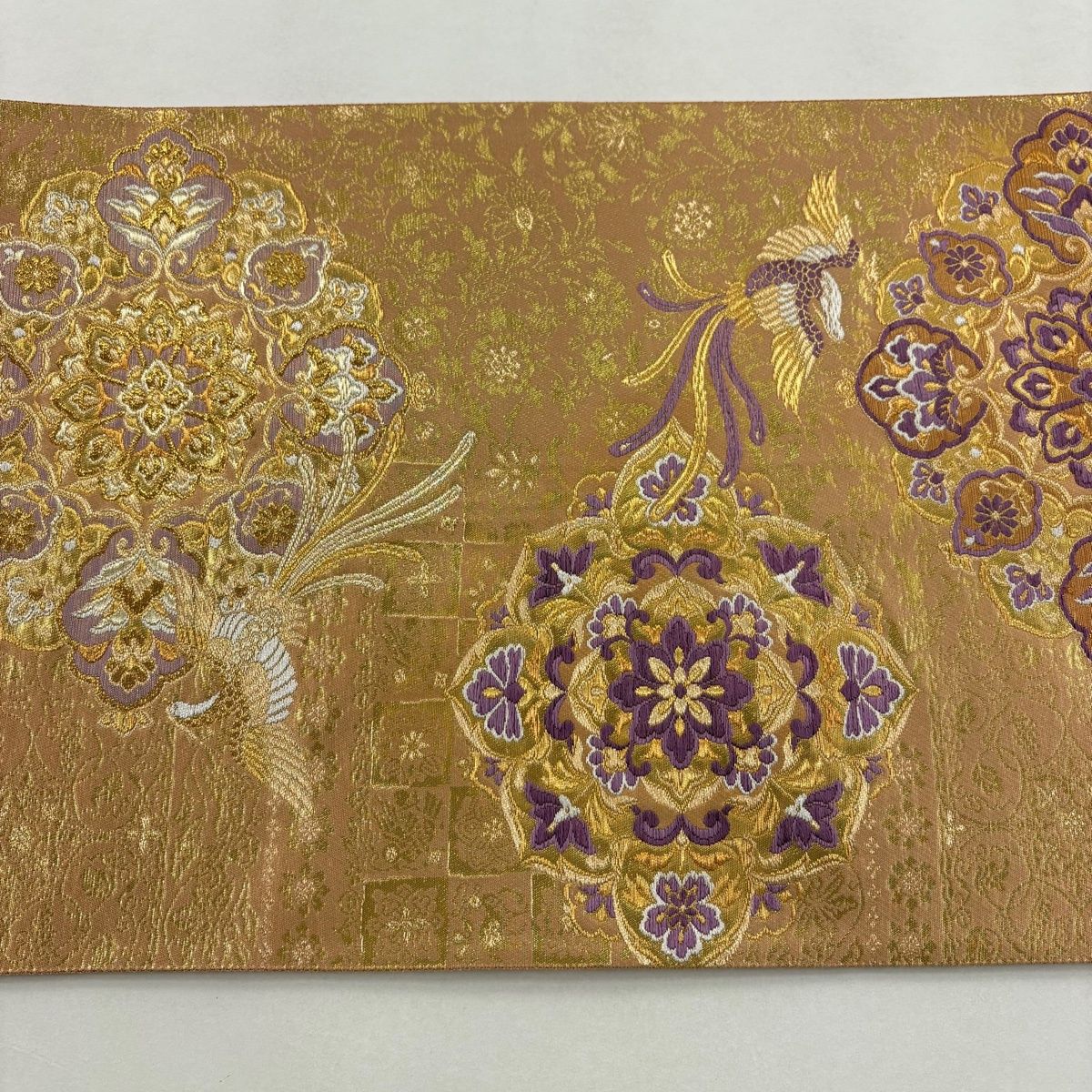 美品】 袋帯 名品 じゅらく 落款 じゅらく帝王紫 華文 鳳凰 金糸 箔 薄