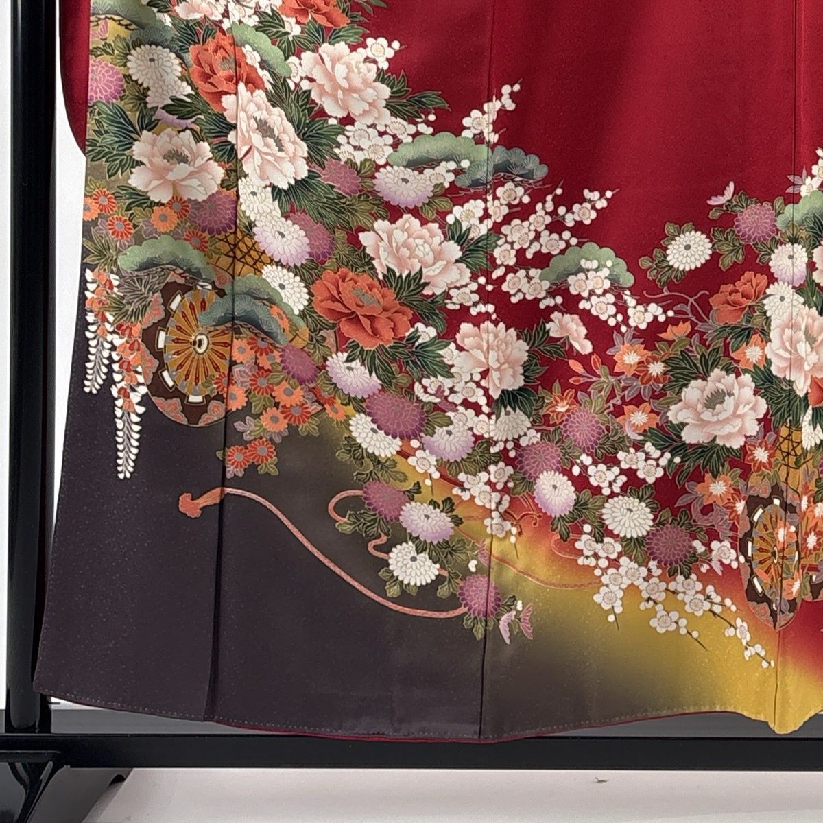 振袖 身丈157.5cm 裄丈65.5cm M 袷 花車 牡丹 金彩 ぼかし 赤 正絹 秀