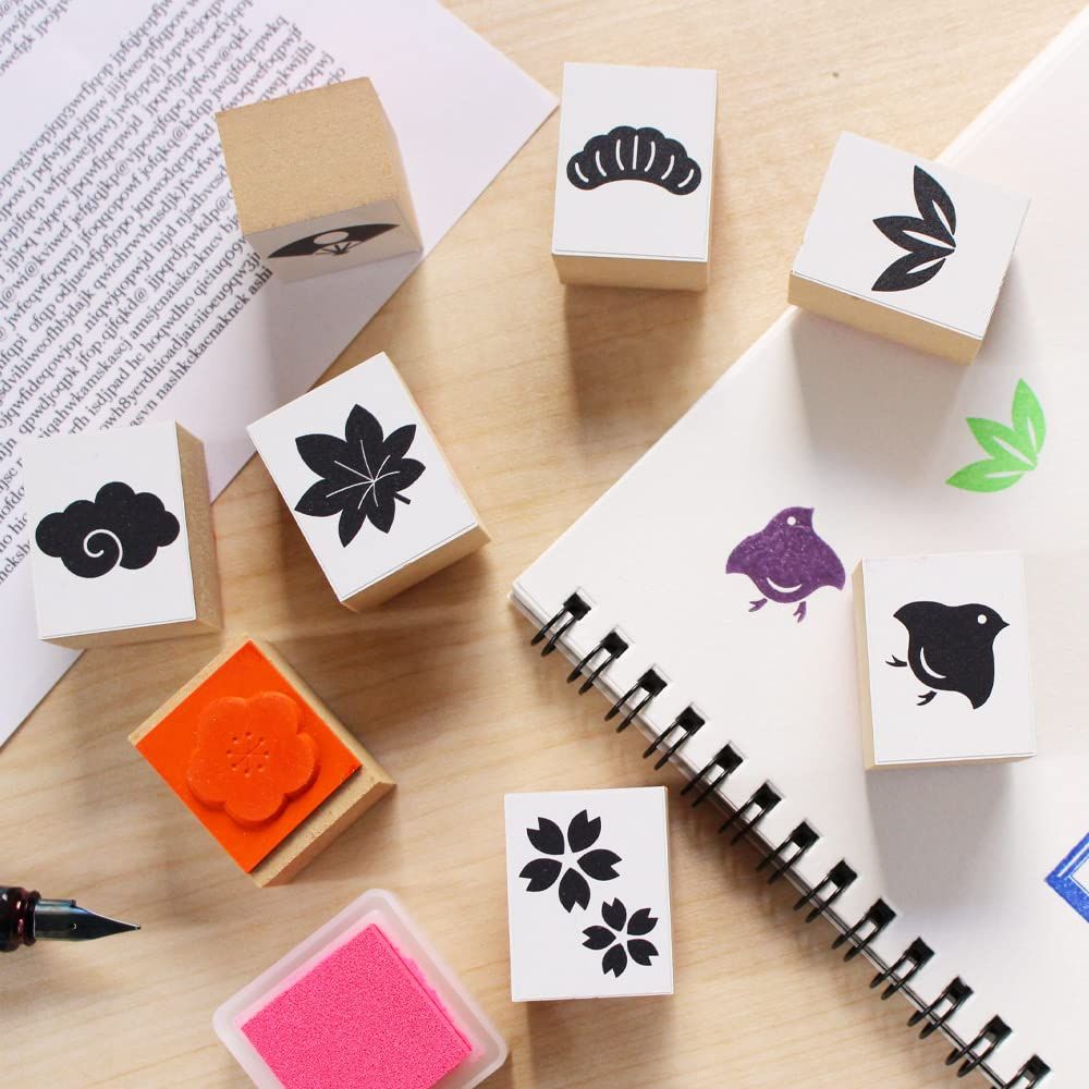 スタンプ かわいい おしゃれ ハンコ 木製 ゴム印 セット 便利 日本製 エコ 素材 和風 もみじ 千鳥 松 竹 梅 さくら 桜 雲 便箋 一筆箋 年賀状 プレゼント 32