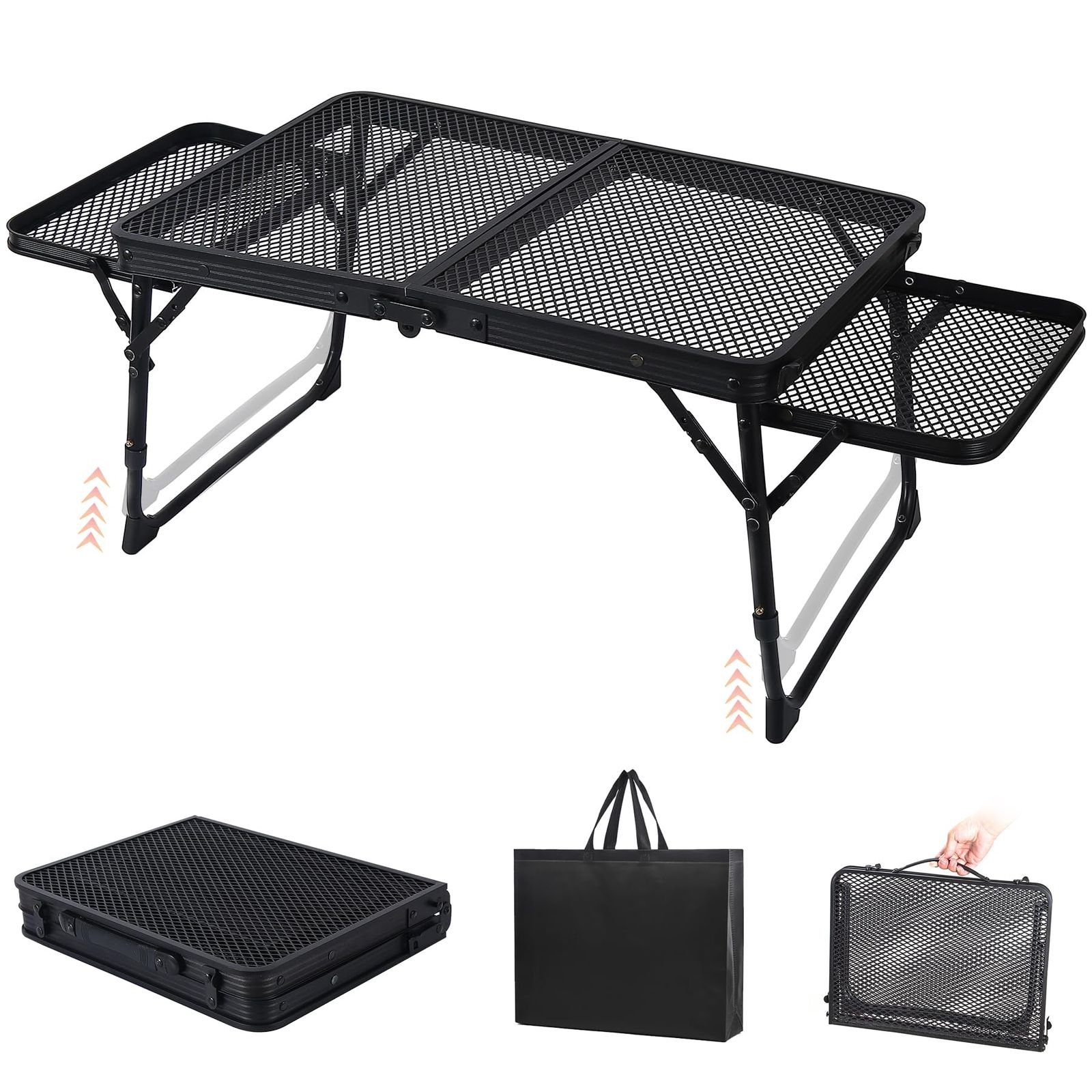 キャンプ テーブル 折畳テーブル サイドテーブル付き メッシュテーブル 大きなスペース ローテーブル 二つ折りテーブル 耐熱 超軽量材質 耐荷重45 kg 携帯便利 収納袋付き 黒 昇降