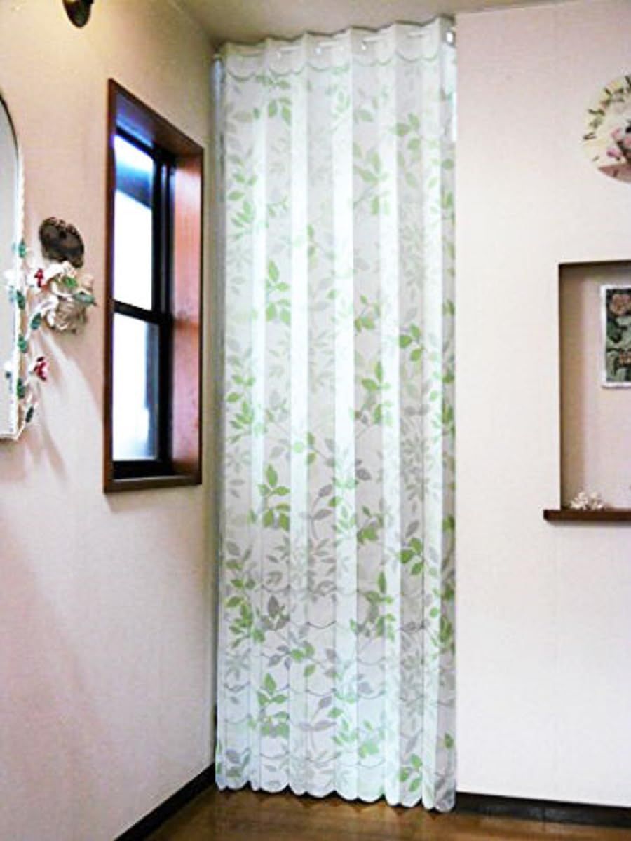 遮熱断熱 間口を仕切って冷暖房効率アップ ロングアコーディオンカーテンのれん リーフ 幅105 丈250 cm グリーンリーフ