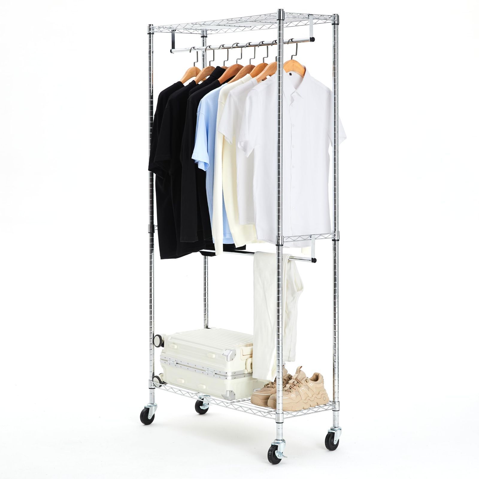 棚付き キャスター付き 幅91.4 頑丈 x 耐荷重181kg 奥行35.6 洋服ラック x 2段 高さ182.9 ハンガーラック cm ベーシック シルバー