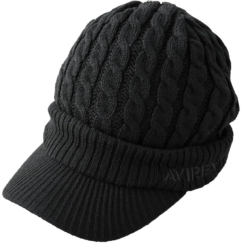 AVIREX アヴィレックス ルーズフィット ケーブル編み つば付きニット帽 ニットキャスケット メンズ レディース 冬 キャスケット ニット帽 ニットキャップ ブラック 0