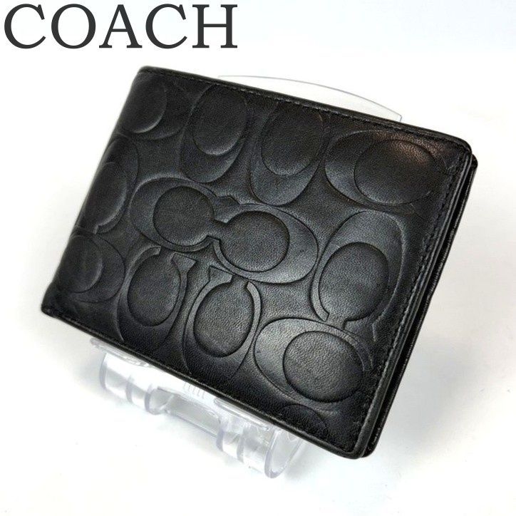 【最新作，SALE】 良品 COACH コーチ 二つ折り財布 シグネチャー レザー ブラック 黒 小銭入れ無し 札入れ メンズ 二つ折り財布