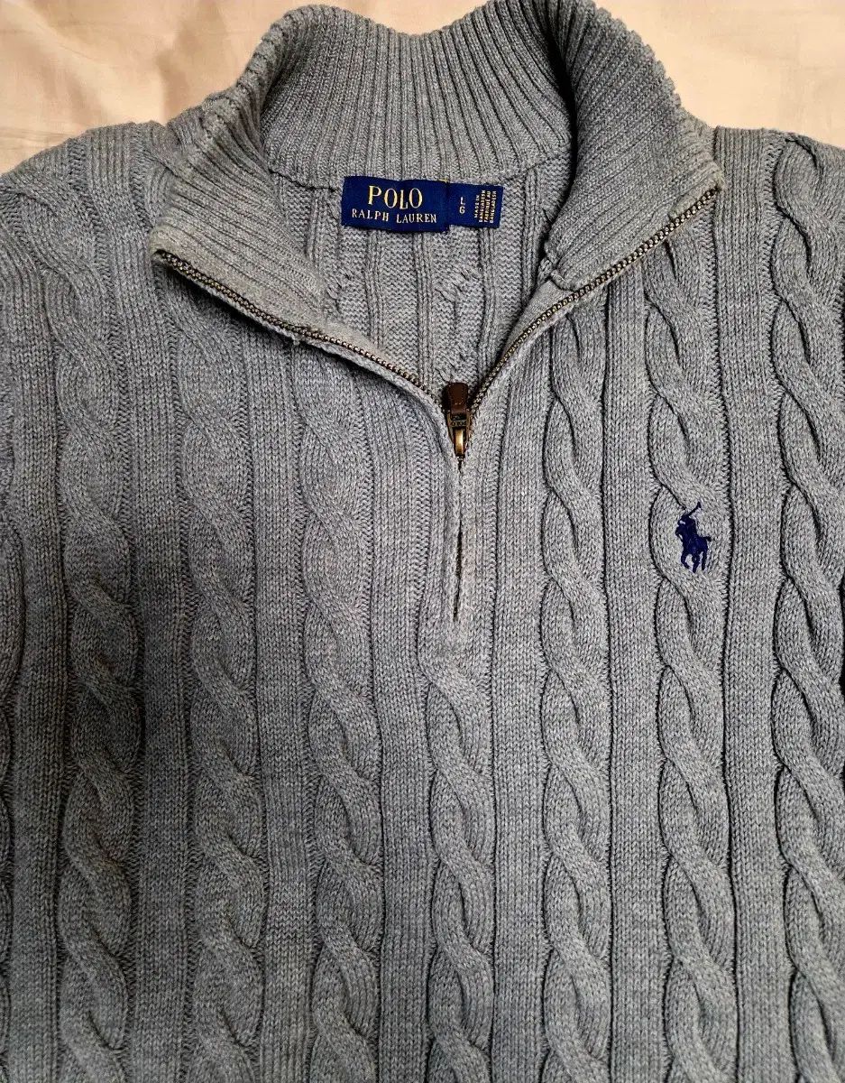 L ポロ ラルフローレン ケーブルニット ハーフジップアップ グレー