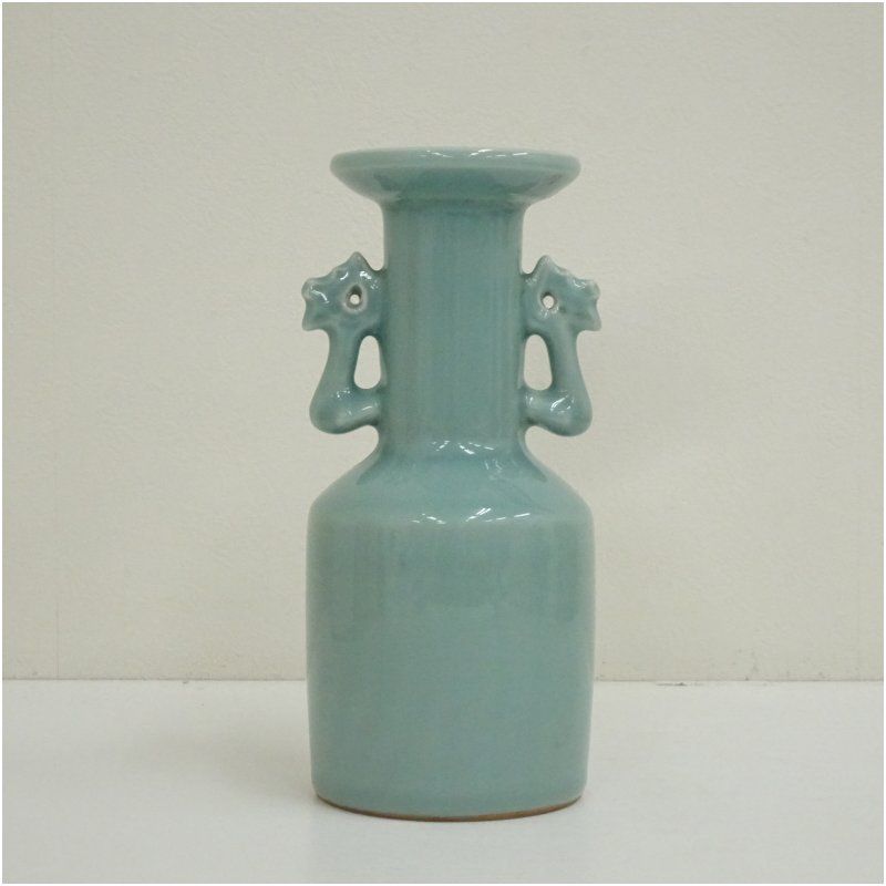 京焼 富田静山造 青磁耳付花入（共箱） 花入れ 茶道 茶道具 花瓶 花器