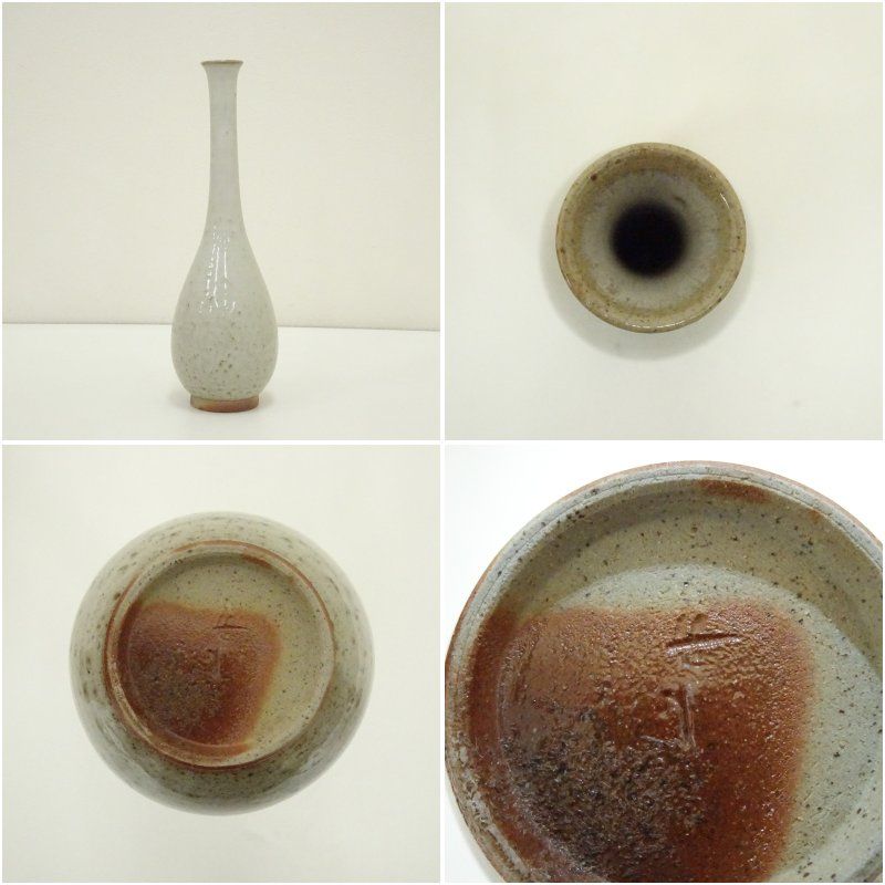 越中瀬戸焼 釋永由紀夫造 灰釉鶴首花入（共箱） 花入れ 茶道 茶道具