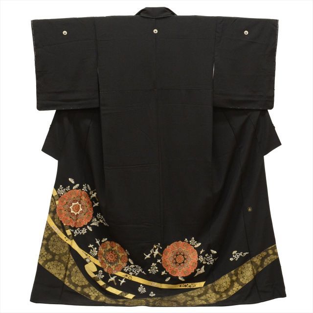 中古】 黒留袖 袋帯 正絹 比翼付き 金駒刺繍 身丈165cm L 裄66cm 黒色